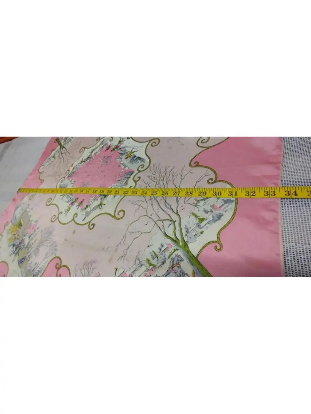 40s 50s Silk Pink Scarf CHRISTMAS WINTER SCENES Victorian Carriage Chartreuse